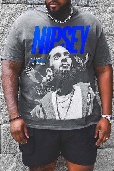 Plus Size Men's Loose Casual T-Shirt with Super Basketball Star Nipsey Hussle Portrait Print